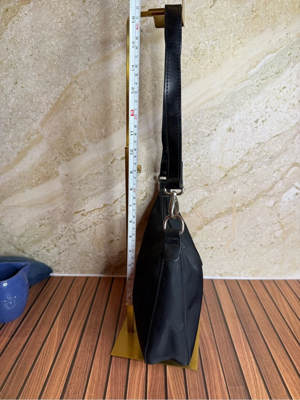 Longchamp Black Nylon Leather Hobo Shoulder Bag Silver Hardware